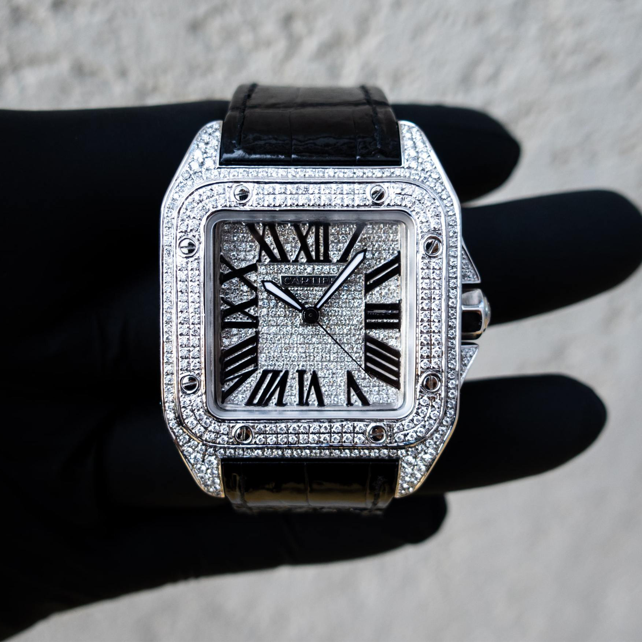 CARTIER SANTOS 100L DIAMOND SET BLACK LEATHER STRAP